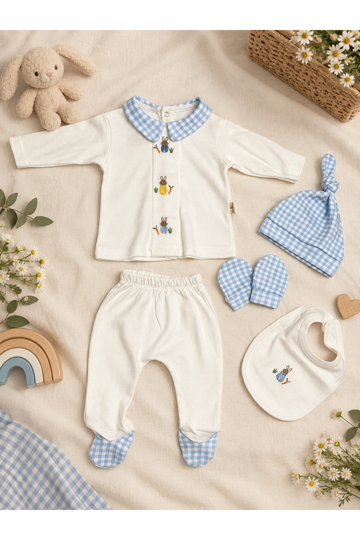 Organik Pamuk Tavşan Nakışlı 5 Parça Erkek Bebek Hastane Çıkışı Seti – Mavi/Ekru