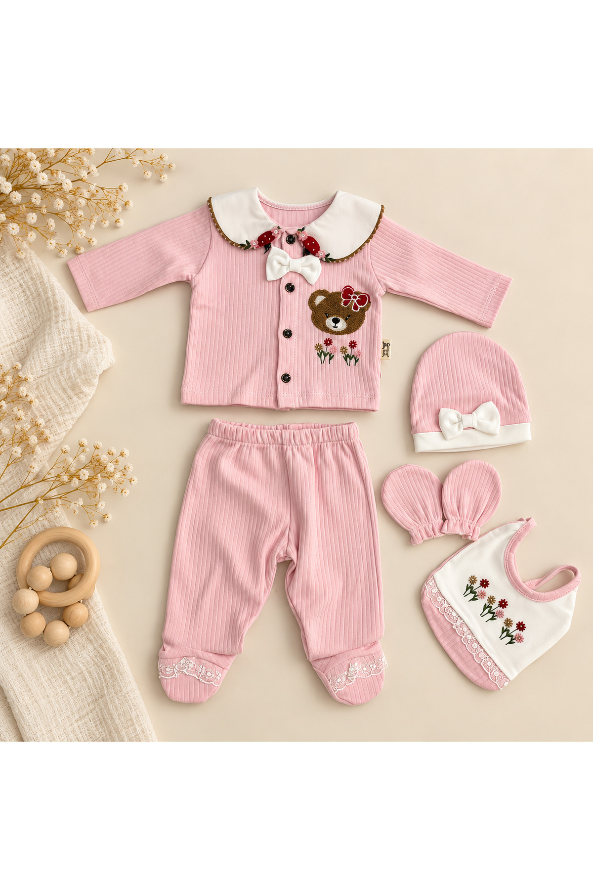 Organik Pamuk Ayıcık Nakışlı 5 Parça Kız Bebek Hastane Çıkışı Seti – Pembe