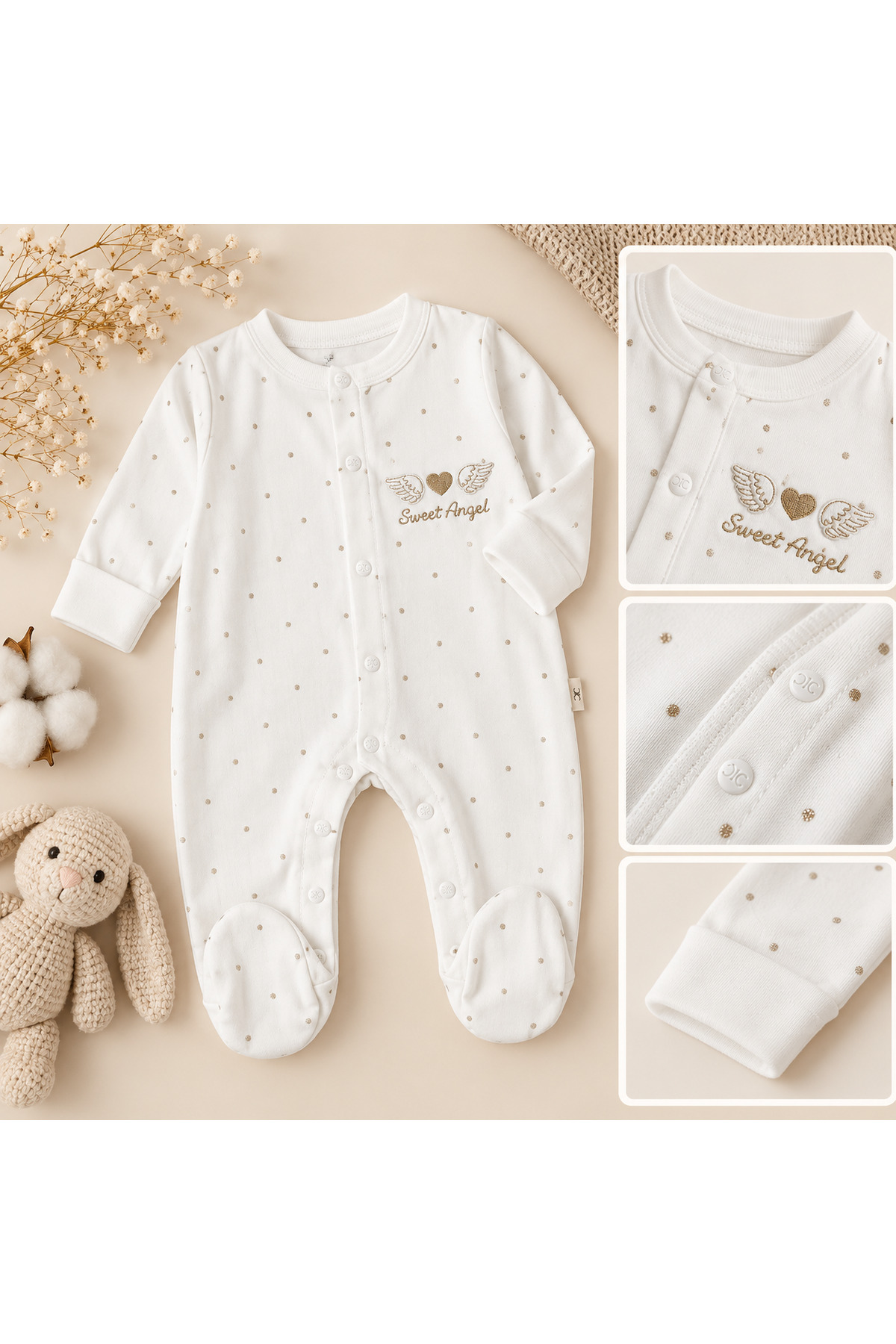 10 Parça Sweet Angel Kanat Nakışlı Yenidoğan Hastane Çıkış Seti – Ekru