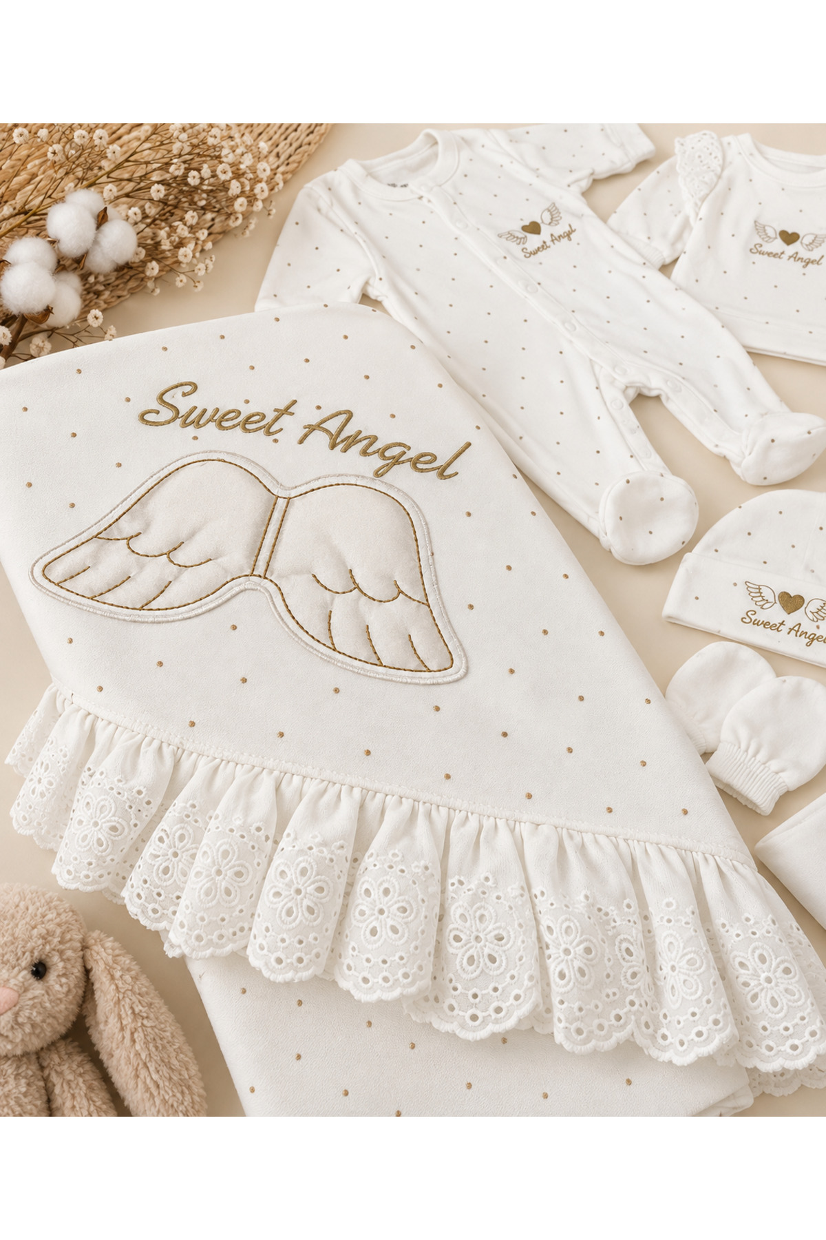 10 Parça Sweet Angel Kanat Nakışlı Yenidoğan Hastane Çıkış Seti – Ekru