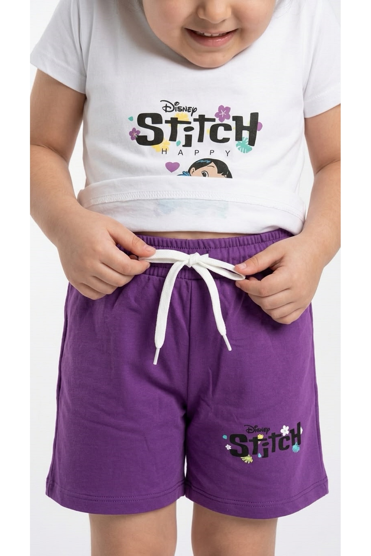 Kız Çocuk Ön ve Arka Stitch Baskılı Kısa Kollu Tişört Şort Takımı Beyaz Mor