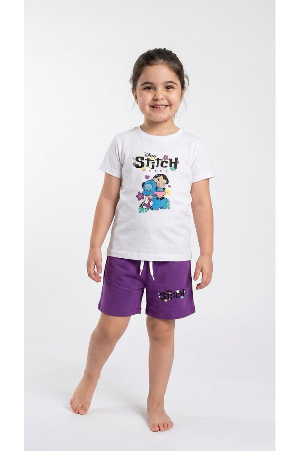 Kız Çocuk Ön ve Arka Stitch Baskılı Kısa Kollu Tişört Şort Takımı Beyaz Mor