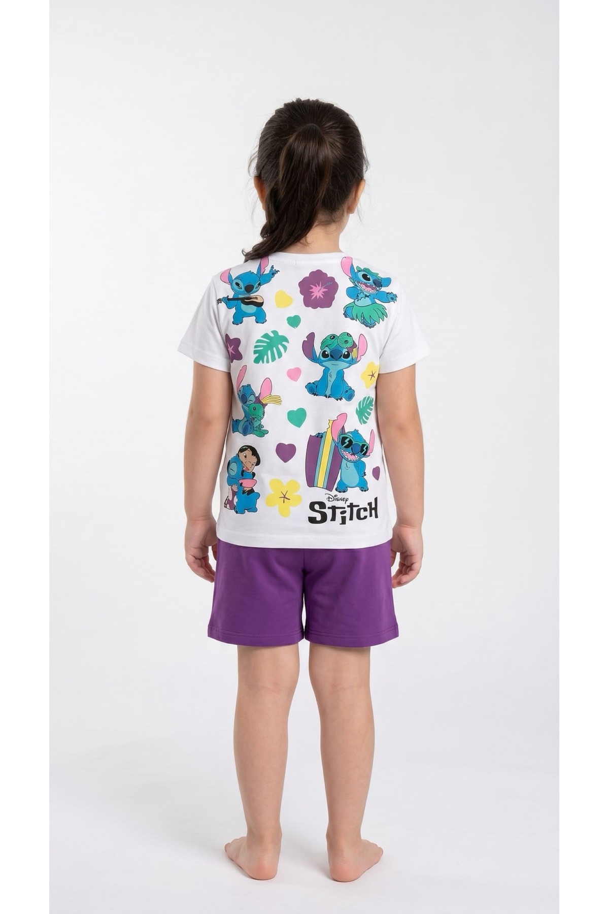 Kız Çocuk Ön ve Arka Stitch Baskılı Kısa Kollu Tişört Şort Takımı Beyaz Mor